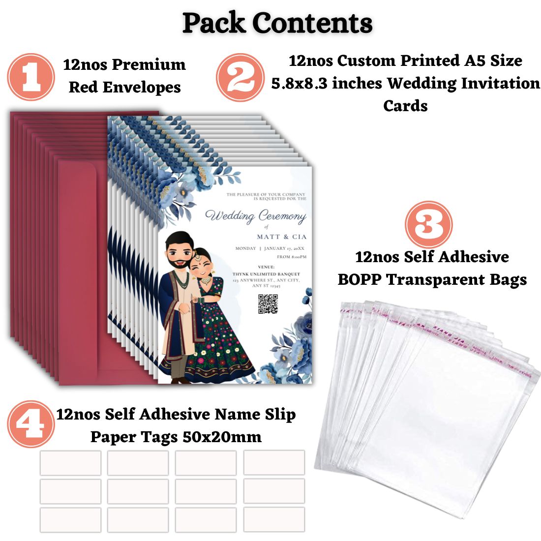 Wedding Invitation Cards with Envelopes | Customised Pack of 12 | One side Printed