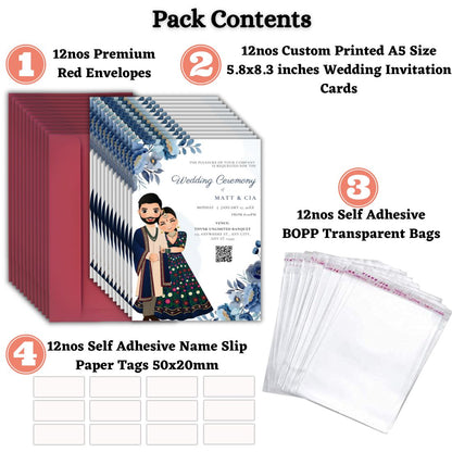 Wedding Invitation Cards with Envelopes | Customised Pack of 12 | One side Printed