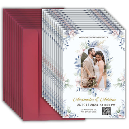 Wedding Invitation Card with Couple Photo | Customised Pack of 12 | One side Printed | Envelopes Included