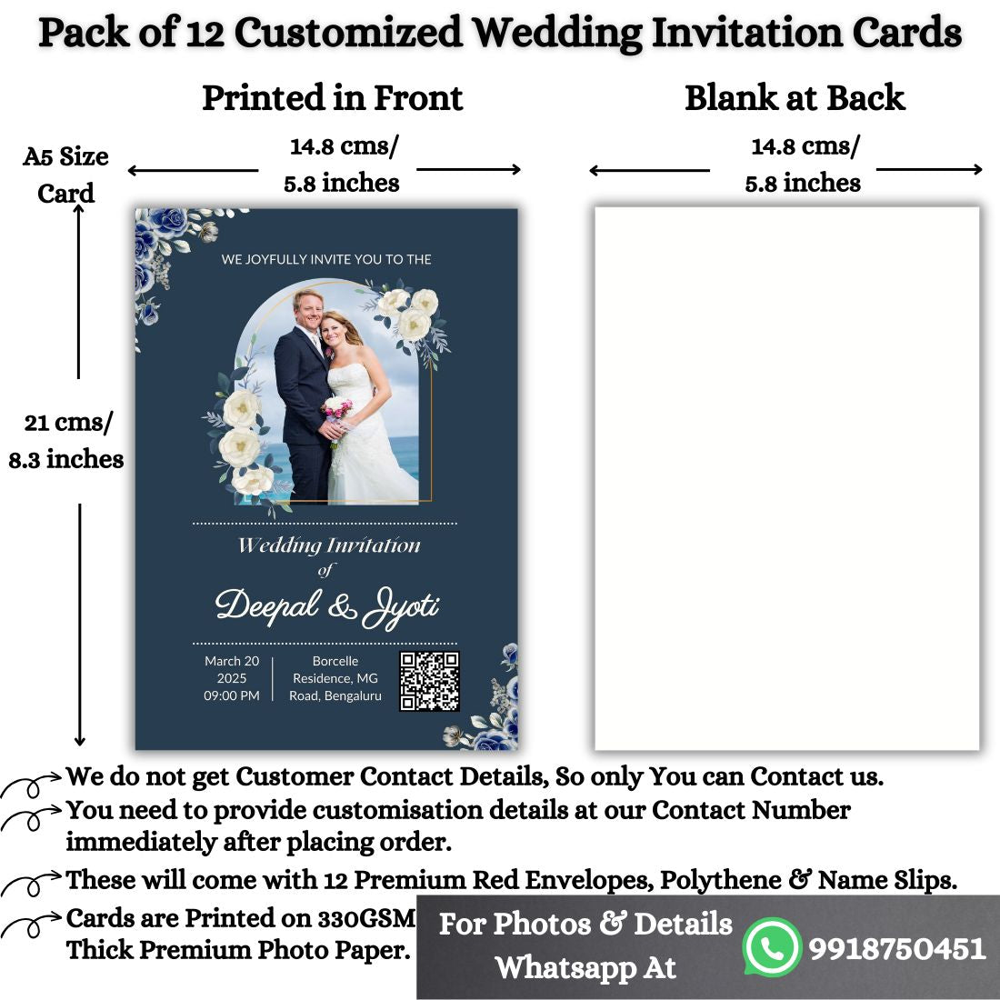Wedding Invitation Card with Couple Photo | Customised Pack of 12 | One side Printed | Envelopes Included