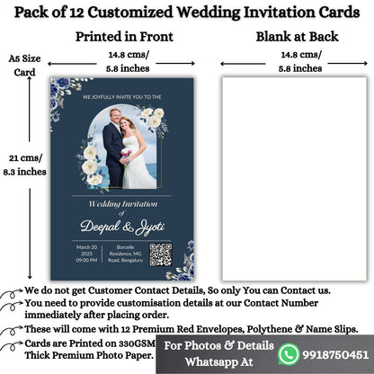 Wedding Invitation Card with Couple Photo | Customised Pack of 12 | One side Printed | Envelopes Included