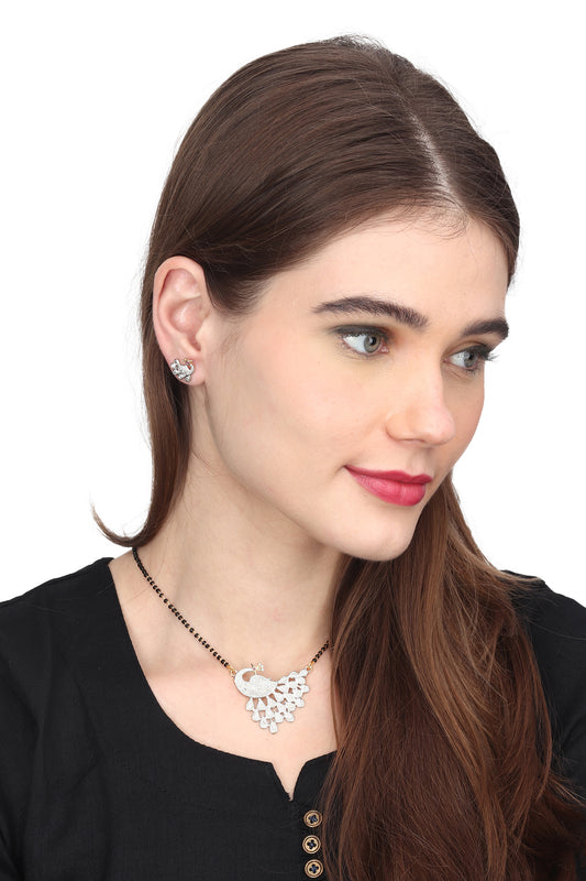 Gold Plated AD Mangalsutra Pendant and Earrings Set with Black Beads Chain