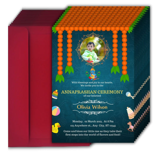Customised Annaprashan Invitation Cards Pack of 12 , 5.8x8.3 Inch with Envelopes for Rice Ceremony