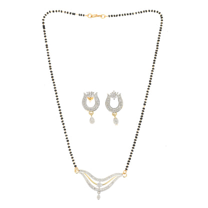 Gold Plated AD Mangalsutra Pendant and Earrings Set with Black Beads Chain