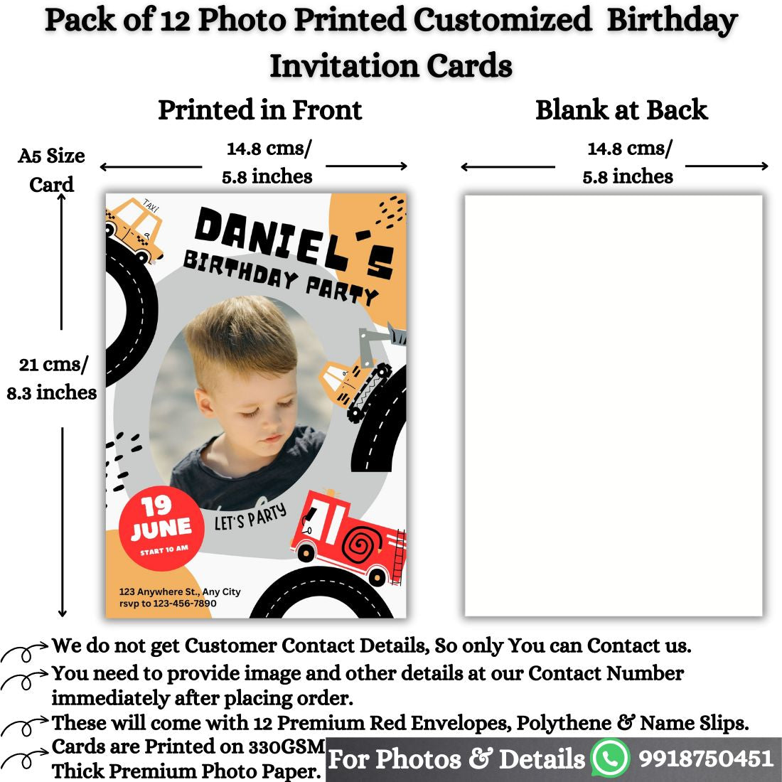 Custom Birthday Invitation Card for Kids with Envelopes | Pack of 12 | One side Printed