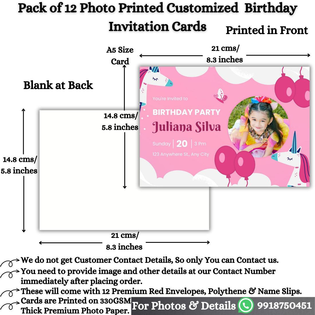 Custom Birthday Invitation Card for Kids with Envelopes | Pack of 12 | One side Printed