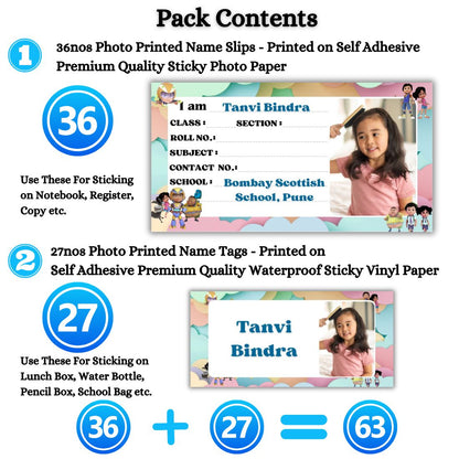 Kids Photo Name Slips & Tags | Pack of 63 | 36 Name Slips & 27 Tags