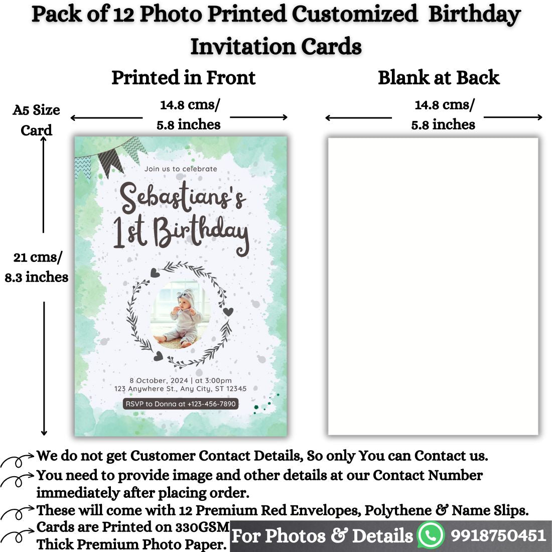 Custom Birthday Invitation Card for Kids with Envelopes | Pack of 12 | One side Printed