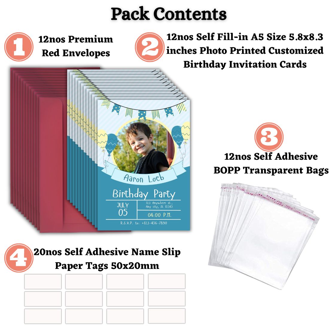 Custom Birthday Invitation Card for Kids with Envelopes | Pack of 12 | One side Printed