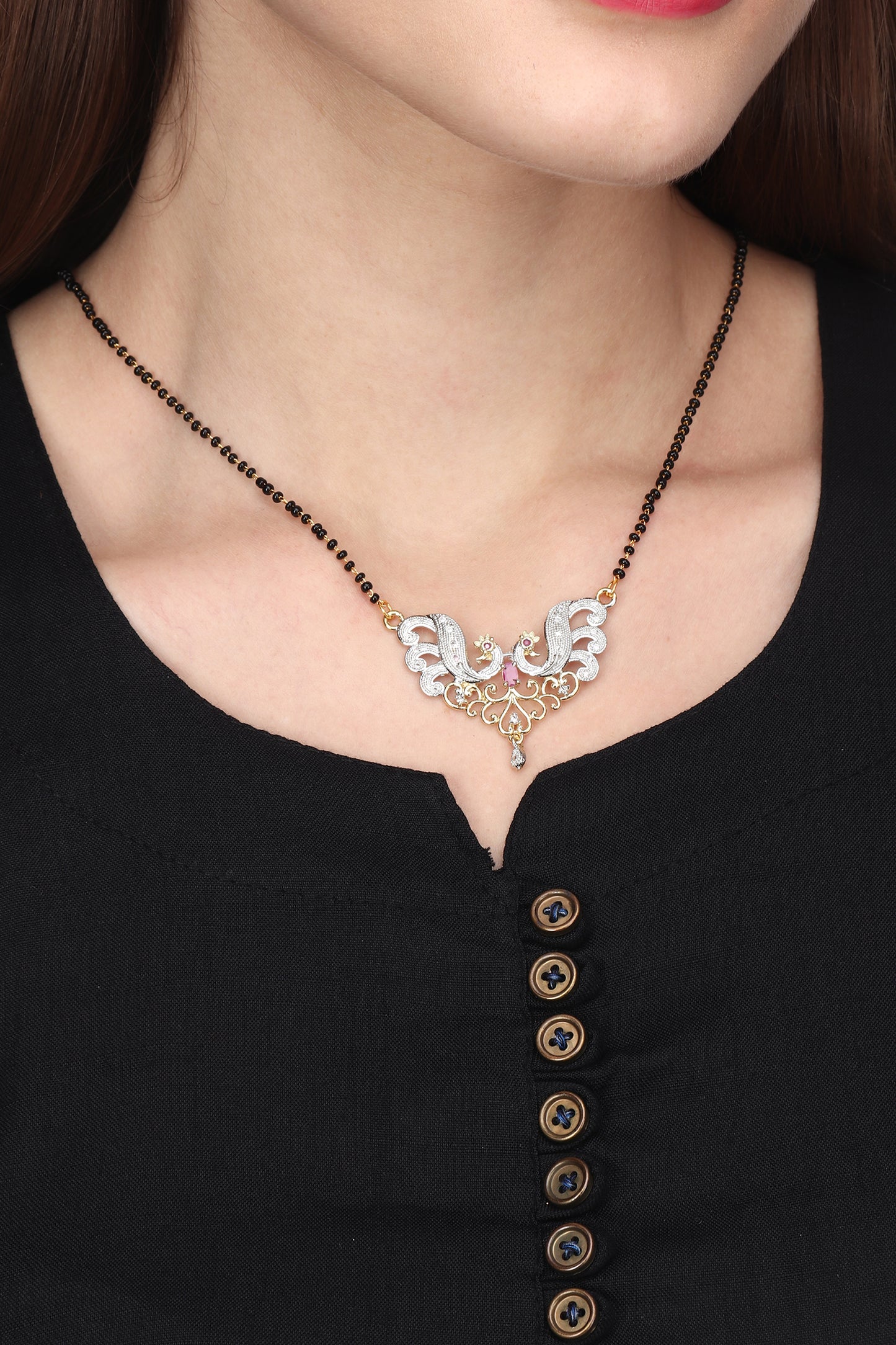 Gold Plated AD Mangalsutra Pendant and Earrings Set with Black Beads Chain