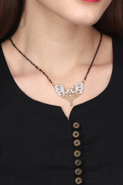 Gold Plated AD Mangalsutra Pendant and Earrings Set with Black Beads Chain