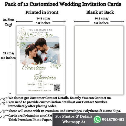 Wedding Invitation Card with Couple Photo | Customised Pack of 12 | One side Printed | Envelopes Included