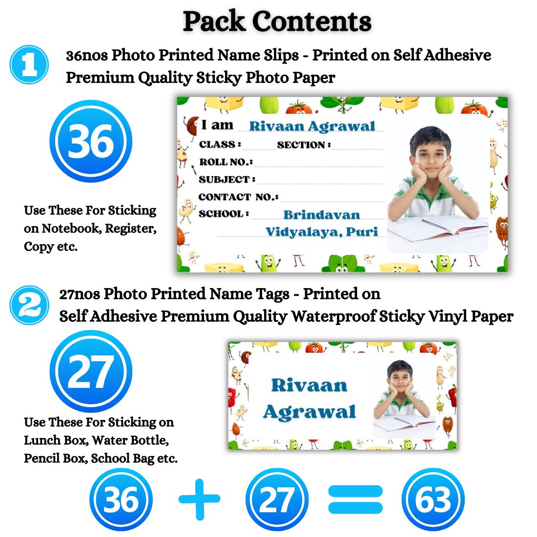 Kids Photo Name Slips & Tags | Pack of 63 | 36 Name Slips & 27 Tags