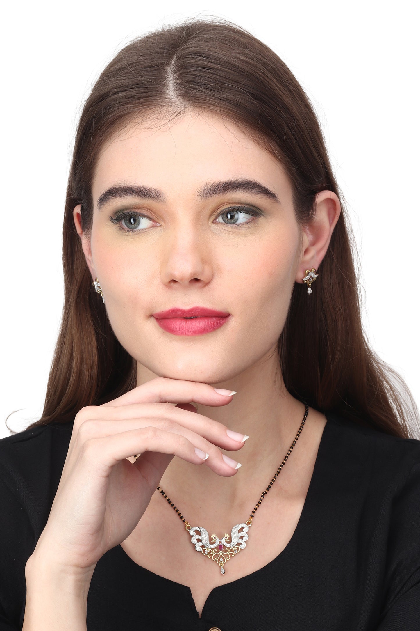 Gold Plated AD Mangalsutra Pendant and Earrings Set with Black Beads Chain