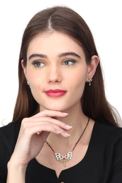 Gold Plated AD Mangalsutra Pendant and Earrings Set with Black Beads Chain