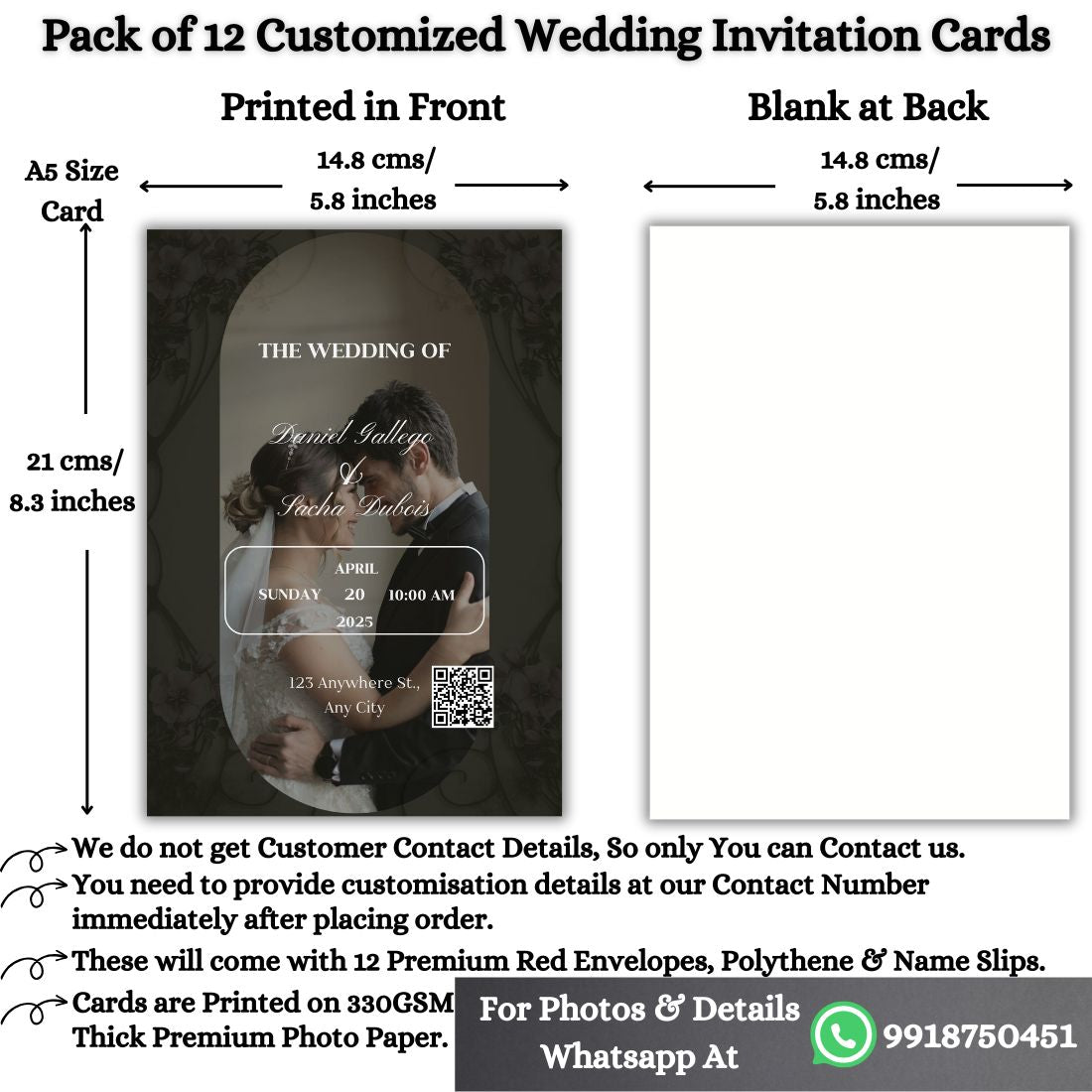 Wedding Invitation Card with Couple Photo | Customised Pack of 12 | One side Printed | Envelopes Included