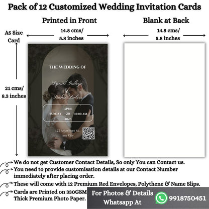 Wedding Invitation Card with Couple Photo | Customised Pack of 12 | One side Printed | Envelopes Included