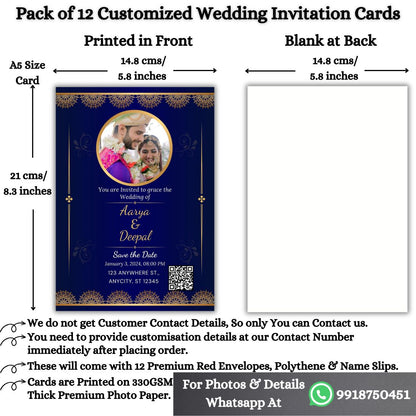 Wedding Invitation Card with Couple Photo | Customised Pack of 12 | One side Printed | Envelopes Included