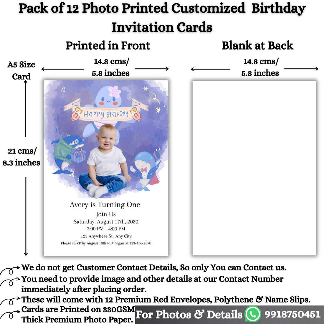 Custom Birthday Invitation Card for Kids with Envelopes | Pack of 12 | One side Printed
