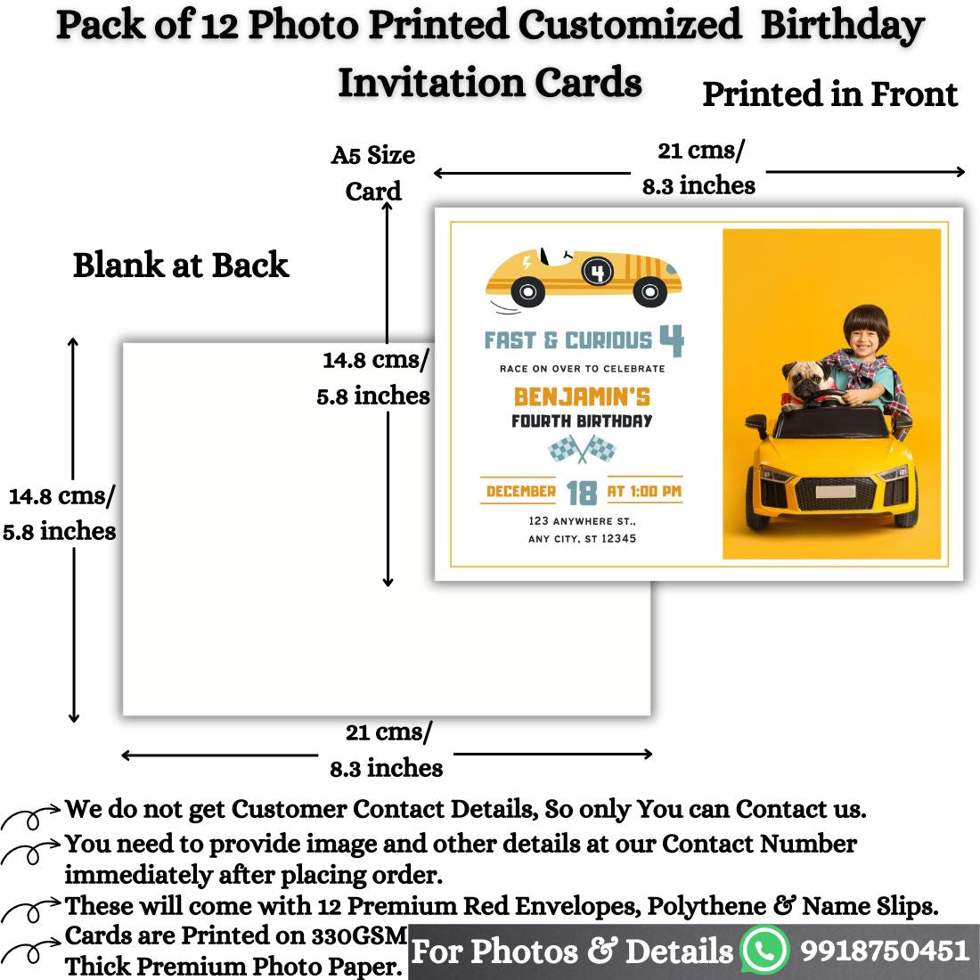 Custom Birthday Invitation Card for Kids with Envelopes | Pack of 12 | One side Printed