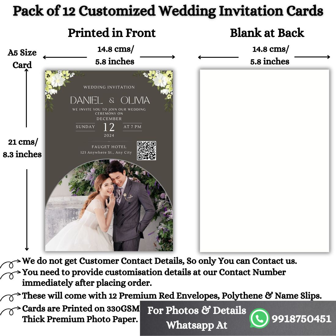 Wedding Invitation Card with Couple Photo | Customised Pack of 12 | One side Printed | Envelopes Included