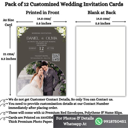 Wedding Invitation Card with Couple Photo | Customised Pack of 12 | One side Printed | Envelopes Included