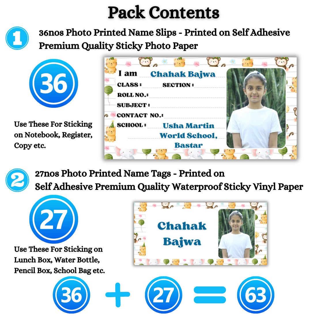 Kids Photo Name Slips & Tags | Pack of 63 | 36 Name Slips & 27 Tags