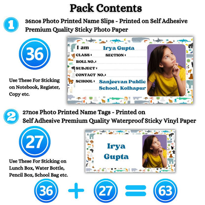 Kids Photo Name Slips & Tags | Pack of 63 | 36 Name Slips & 27 Tags