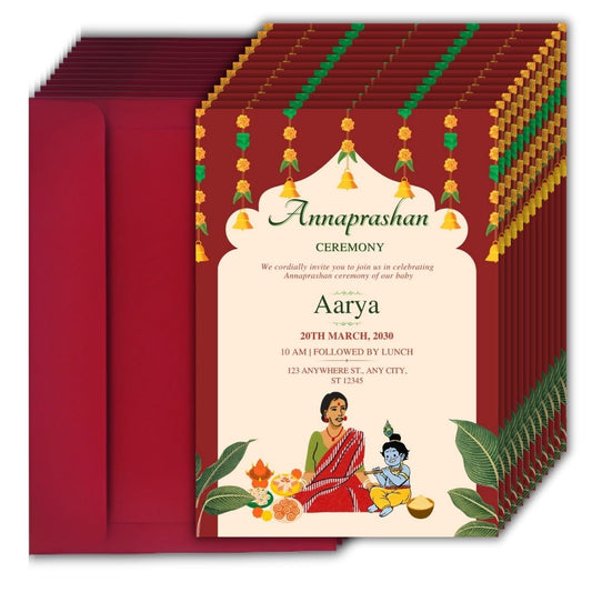 Customised Annaprashan Invitation Cards Pack of 12 , 5.8x8.3 Inch with Envelopes for Rice Ceremony