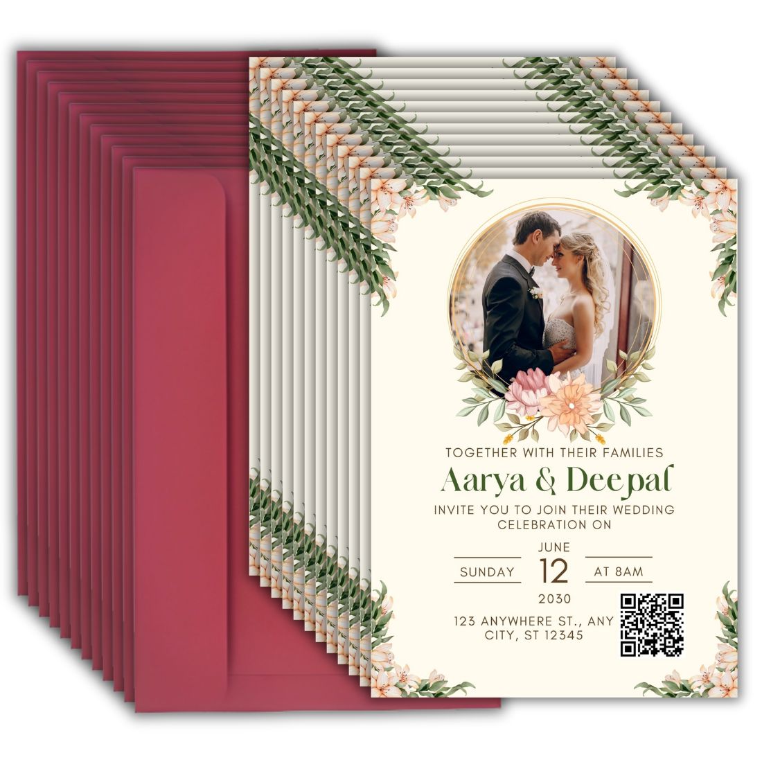 Wedding Invitation Card with Couple Photo | Customised Pack of 12 | One side Printed | Envelopes Included