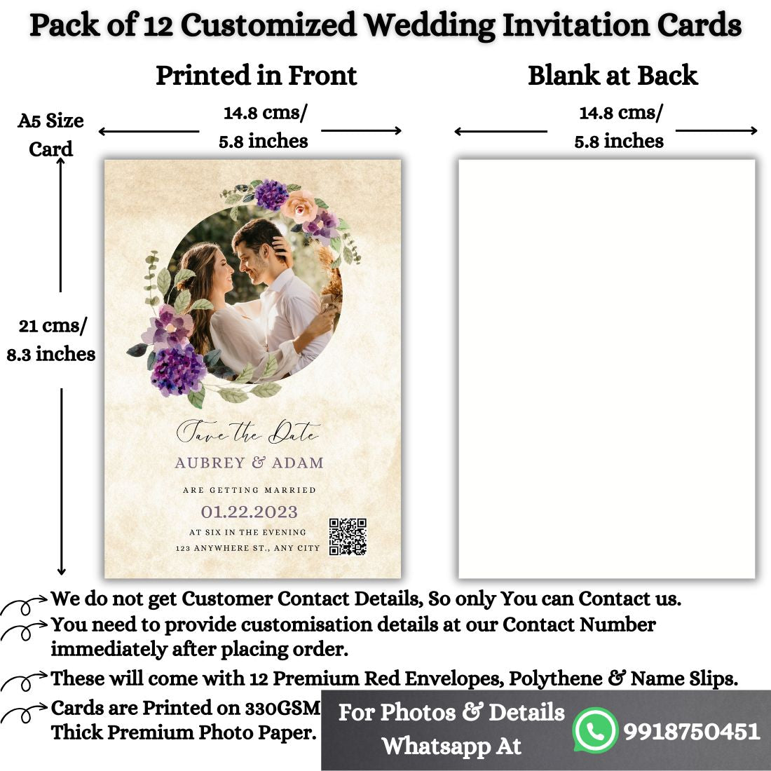 Wedding Invitation Card with Couple Photo | Customised Pack of 12 | One side Printed | Envelopes Included