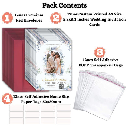 Wedding Invitation Card with Couple Photo | Customised Pack of 12 | One side Printed | Envelopes Included