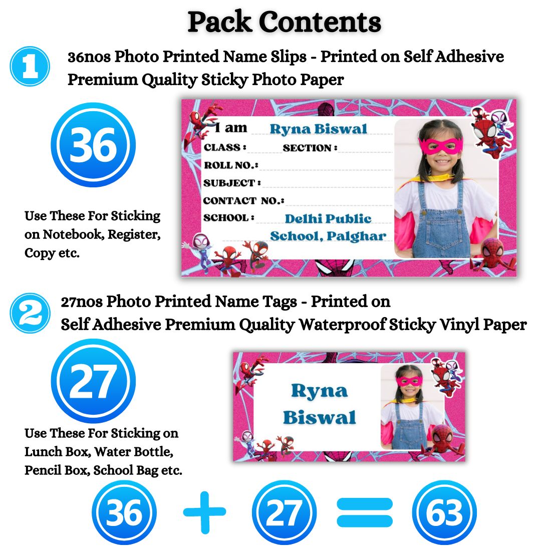 Kids Photo Name Slips & Tags | Pack of 63 | 36 Name Slips & 27 Tags