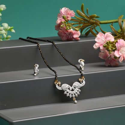 Gold Plated AD Mangalsutra Pendant and Earrings Set with Black Beads Chain