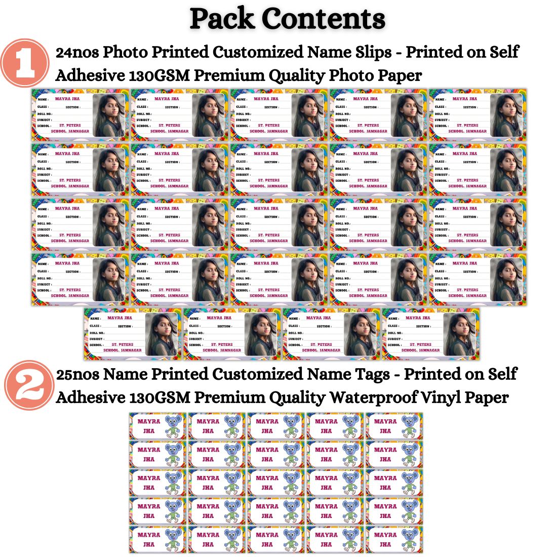 Kids Photo Name Slips & Tags | Pack of 49 | 24 Name Slips & 25 Tags