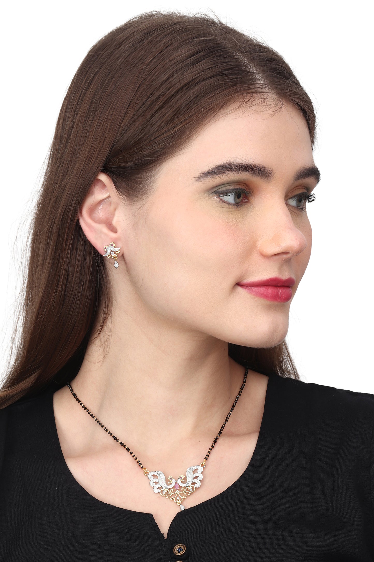 Gold Plated AD Mangalsutra Pendant and Earrings Set with Black Beads Chain