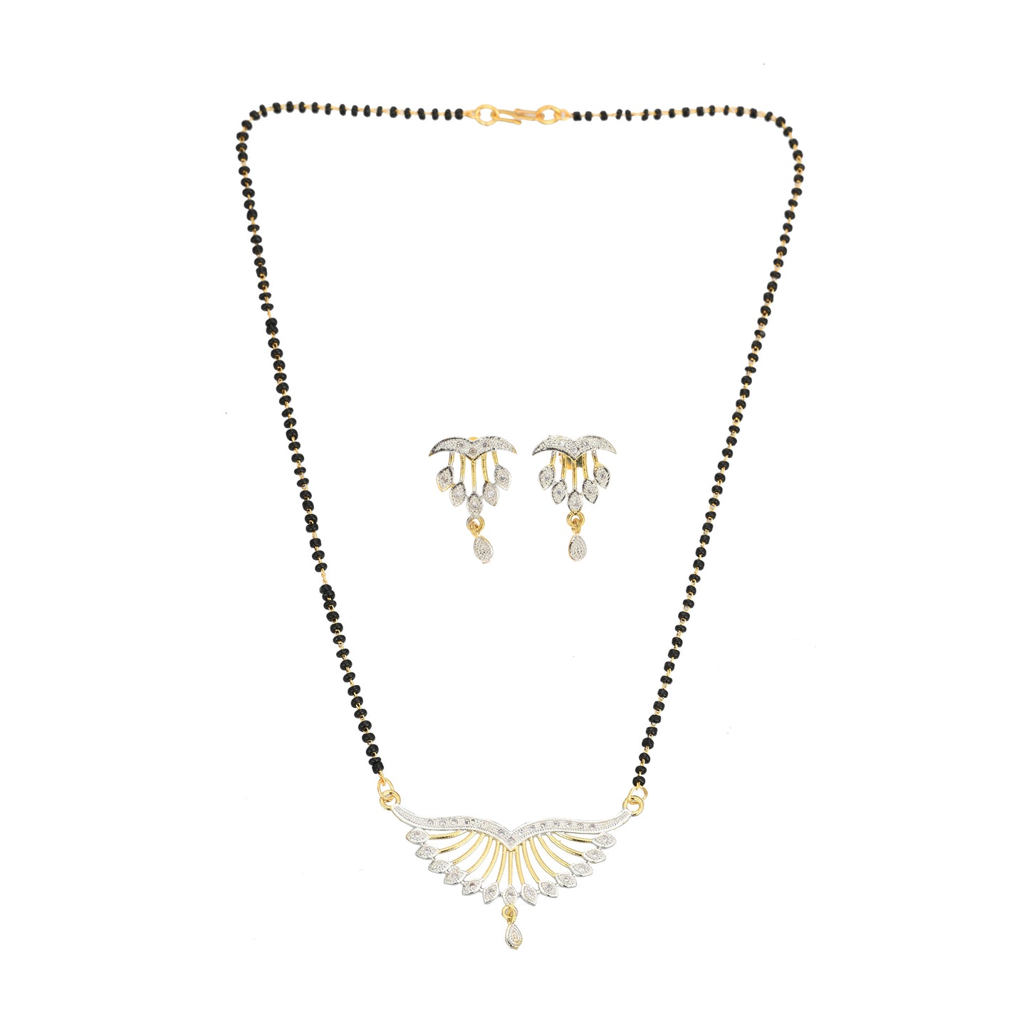 Gold Plated AD Mangalsutra Pendant and Earrings Set with Black Beads Chain