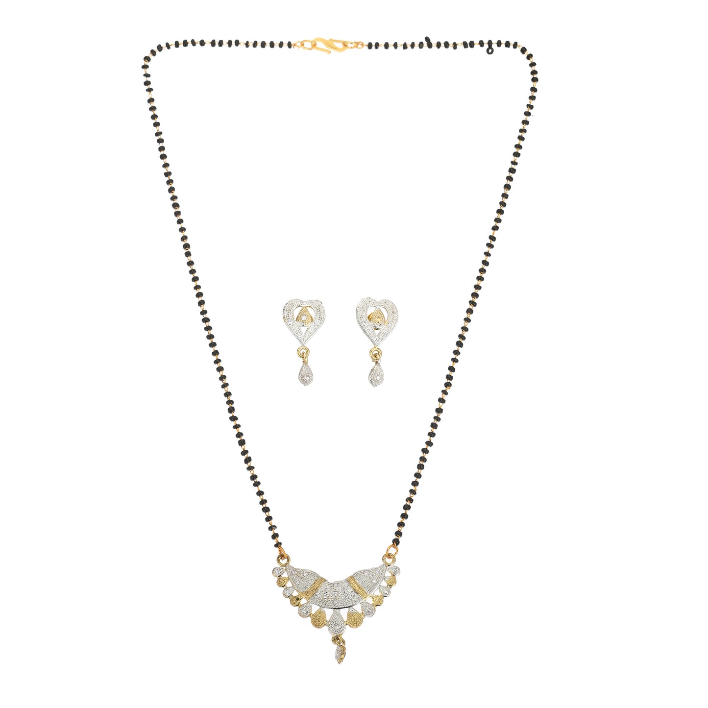 Gold Plated AD Mangalsutra Pendant and Earrings Set with Black Beads Chain