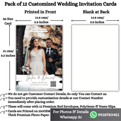 Wedding Invitation Card with Couple Photo | Customised Pack of 12 | One side Printed | Envelopes Included