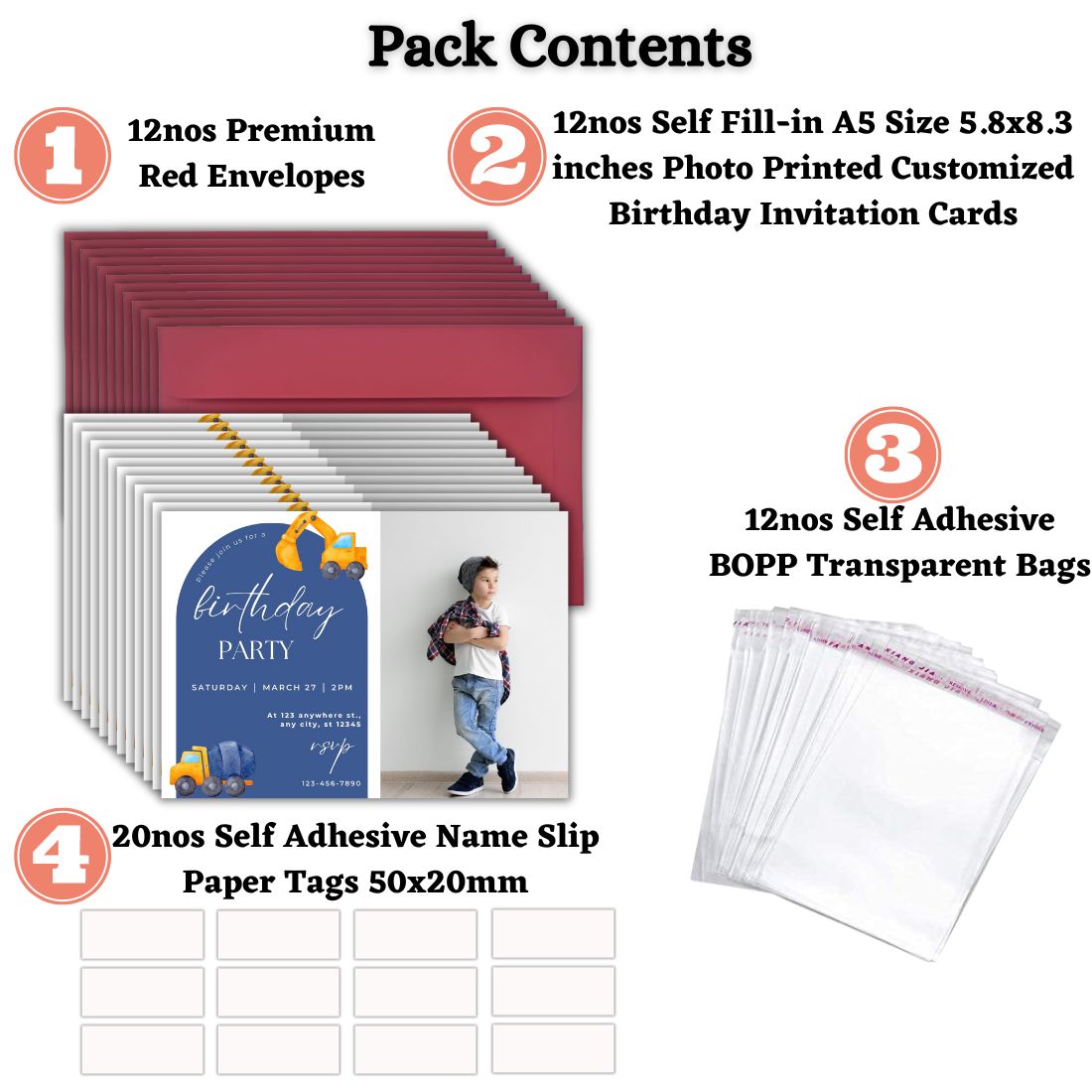 Custom Birthday Invitation Card for Kids with Envelopes | Pack of 12 | One side Printed