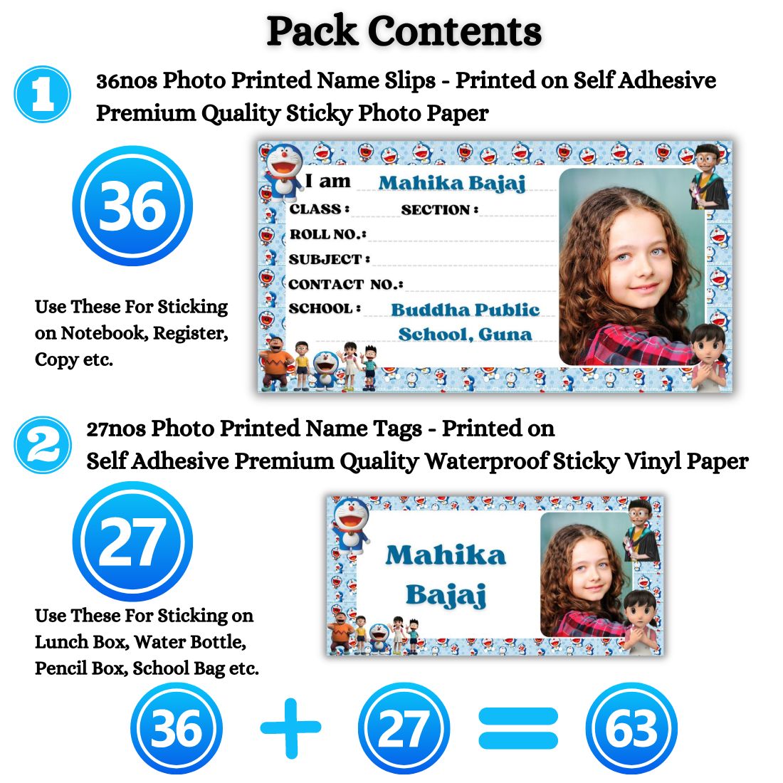 Kids Photo Name Slips & Tags | Pack of 63 | 36 Name Slips & 27 Tags