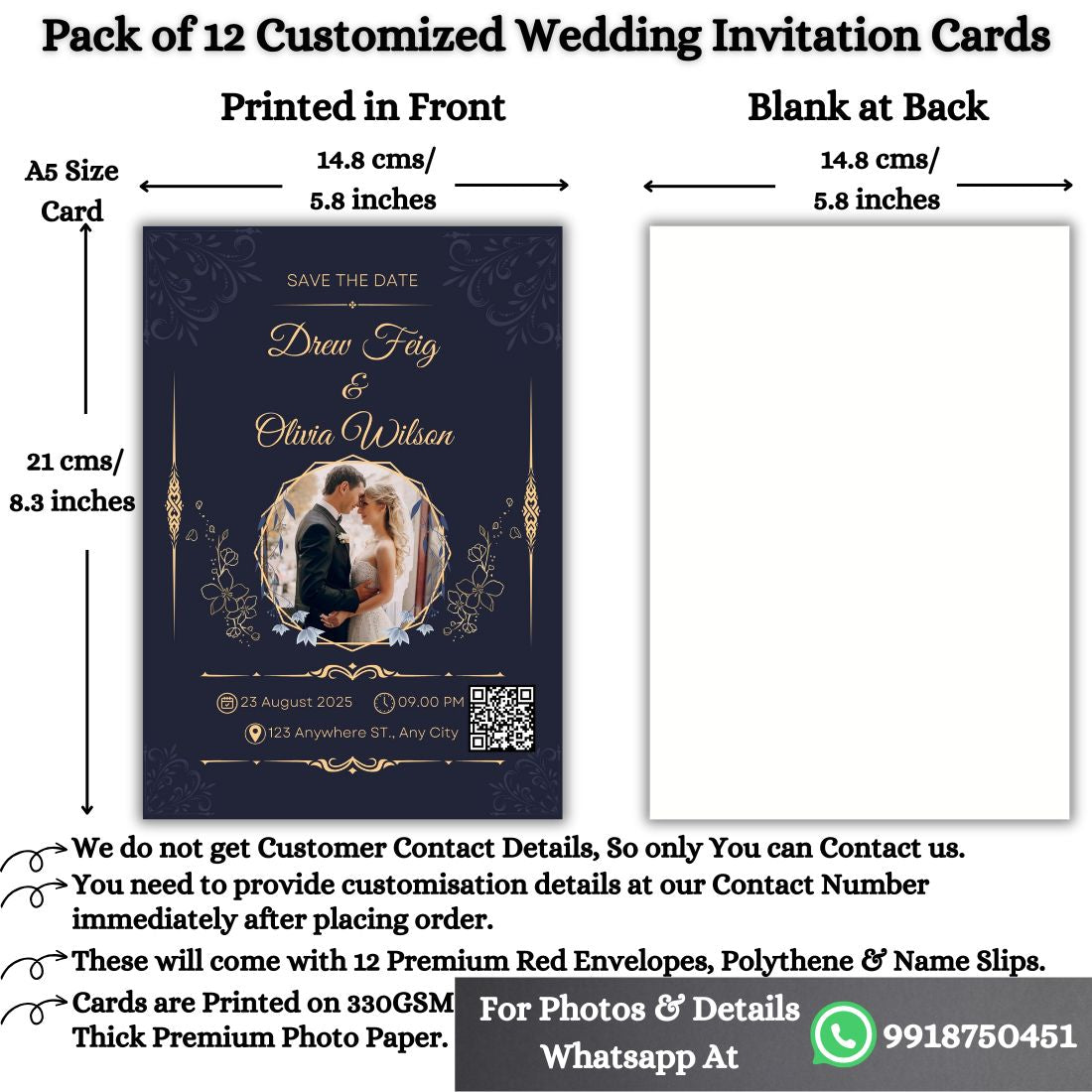Wedding Invitation Card with Couple Photo | Customised Pack of 12 | One side Printed | Envelopes Included