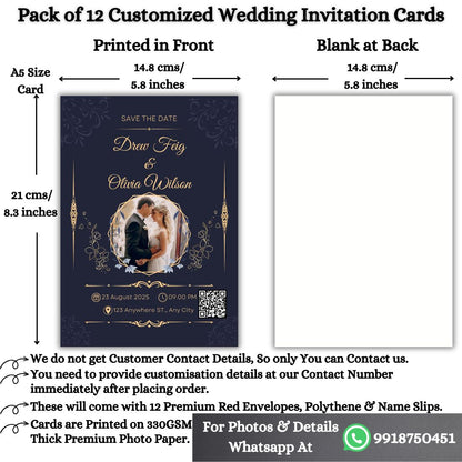 Wedding Invitation Card with Couple Photo | Customised Pack of 12 | One side Printed | Envelopes Included