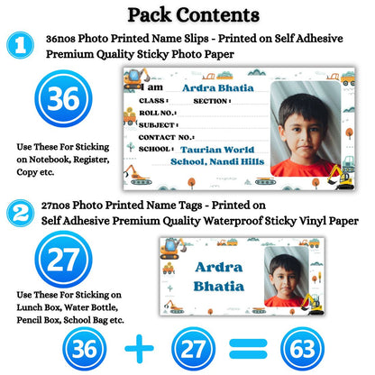 Kids Photo Name Slips & Tags | Pack of 63 | 36 Name Slips & 27 Tags