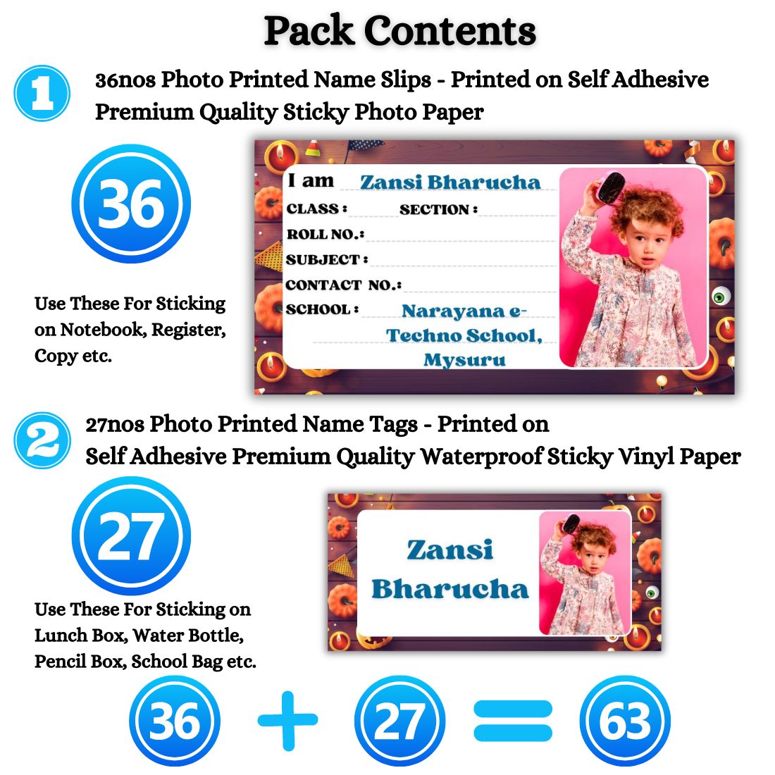 Kids Photo Name Slips & Tags | Pack of 63 | 36 Name Slips & 27 Tags