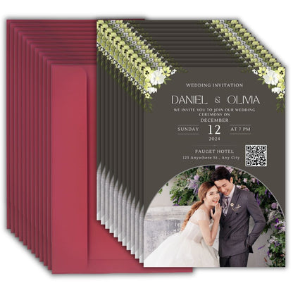 Wedding Invitation Card with Couple Photo | Customised Pack of 12 | One side Printed | Envelopes Included