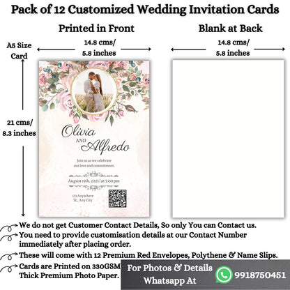 Wedding Invitation Card with Couple Photo | Customised Pack of 12 | One side Printed | Envelopes Included