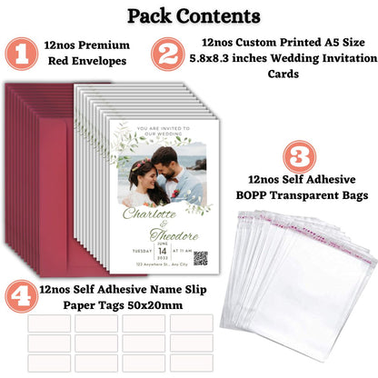 Wedding Invitation Card with Couple Photo | Customised Pack of 12 | One side Printed | Envelopes Included