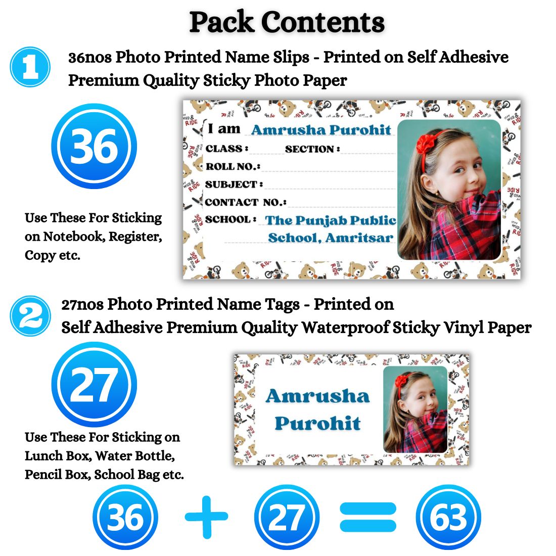 Kids Photo Name Slips & Tags | Pack of 63 | 36 Name Slips & 27 Tags