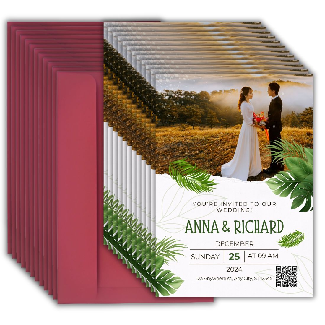 Wedding Invitation Card with Couple Photo | Customised Pack of 12 | One side Printed | Envelopes Included